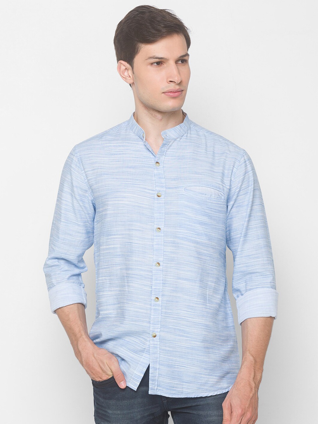 

SNX Classic Tailored Fit Horizontal Striped Opaque Pure Cotton Casual Shirt, Blue