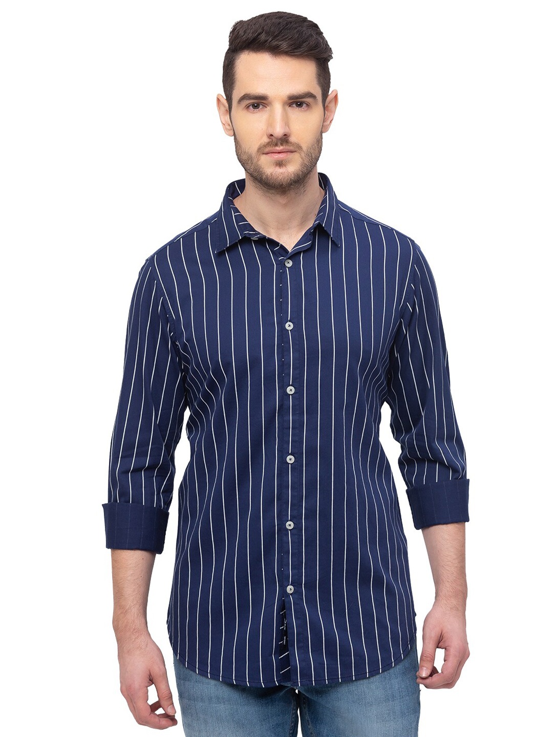 

SNX Classic Tailored Fit Opaque Vertical Stripes Pure Cotton Casual Shirt, Navy blue