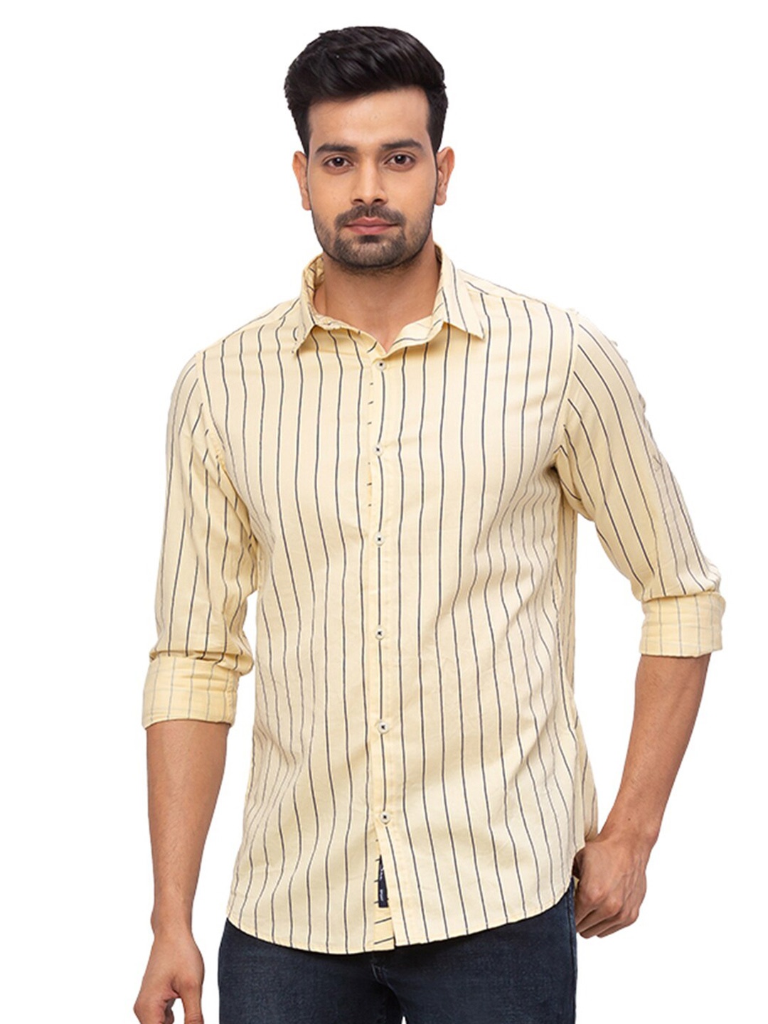 SNX Classic Tailored Fit Striped Pure Cotton Casual Shirt, Yellow