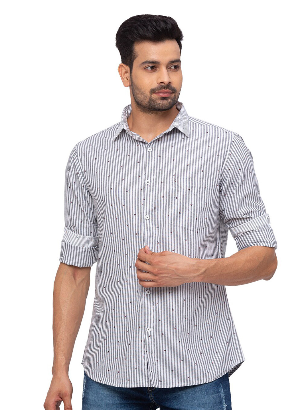 

SNX Classic Tailored Fit Opaque Vertical Stripes Pure Cotton Casual Shirt, Grey