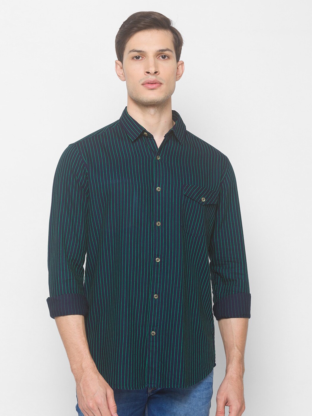 

SNX Classic Tailored Fit Opaque Vertical Stripes Pure Cotton Casual Shirt, Navy blue