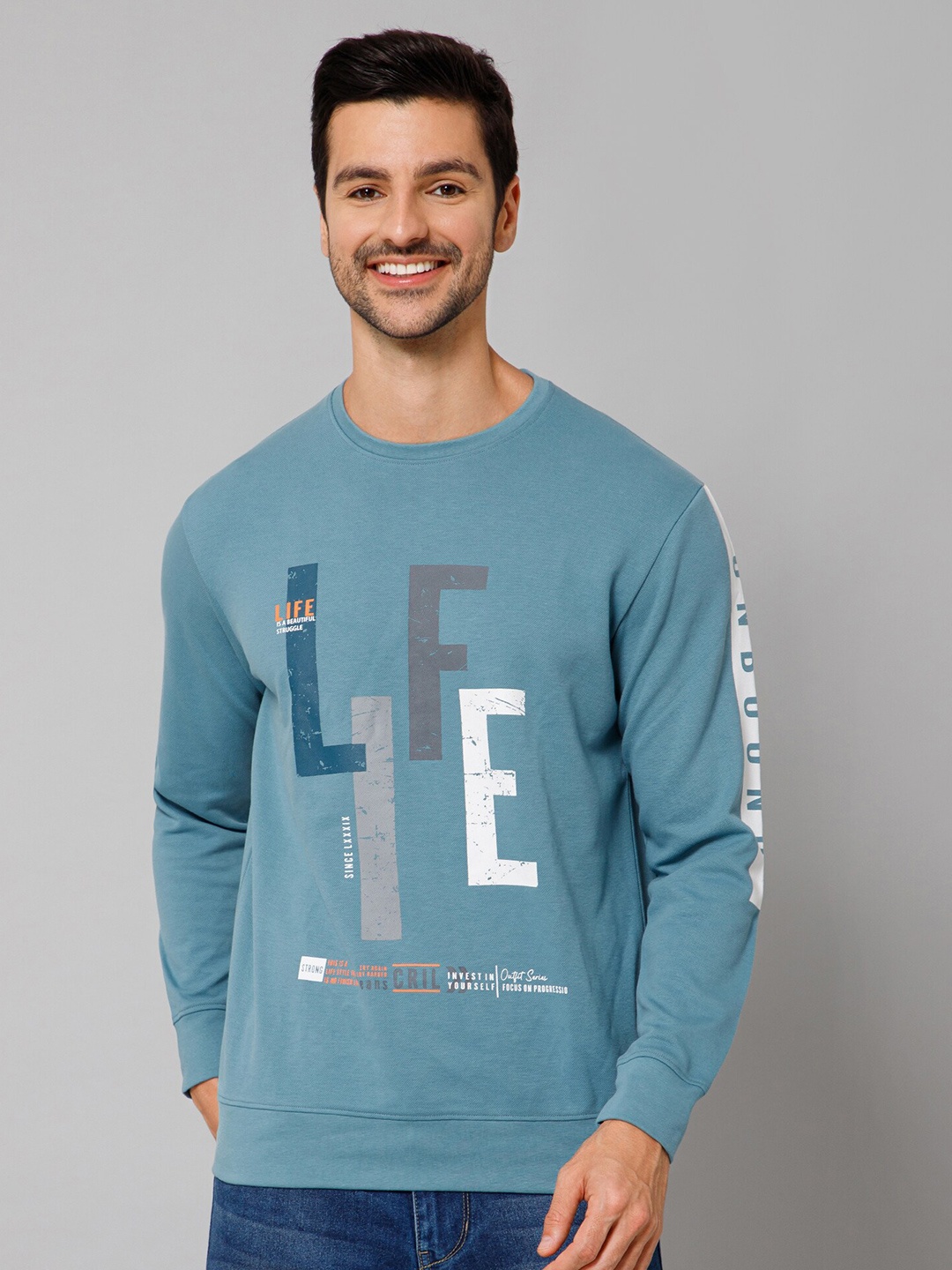 

Cantabil Typography Printed Cotton T-shirt, Blue