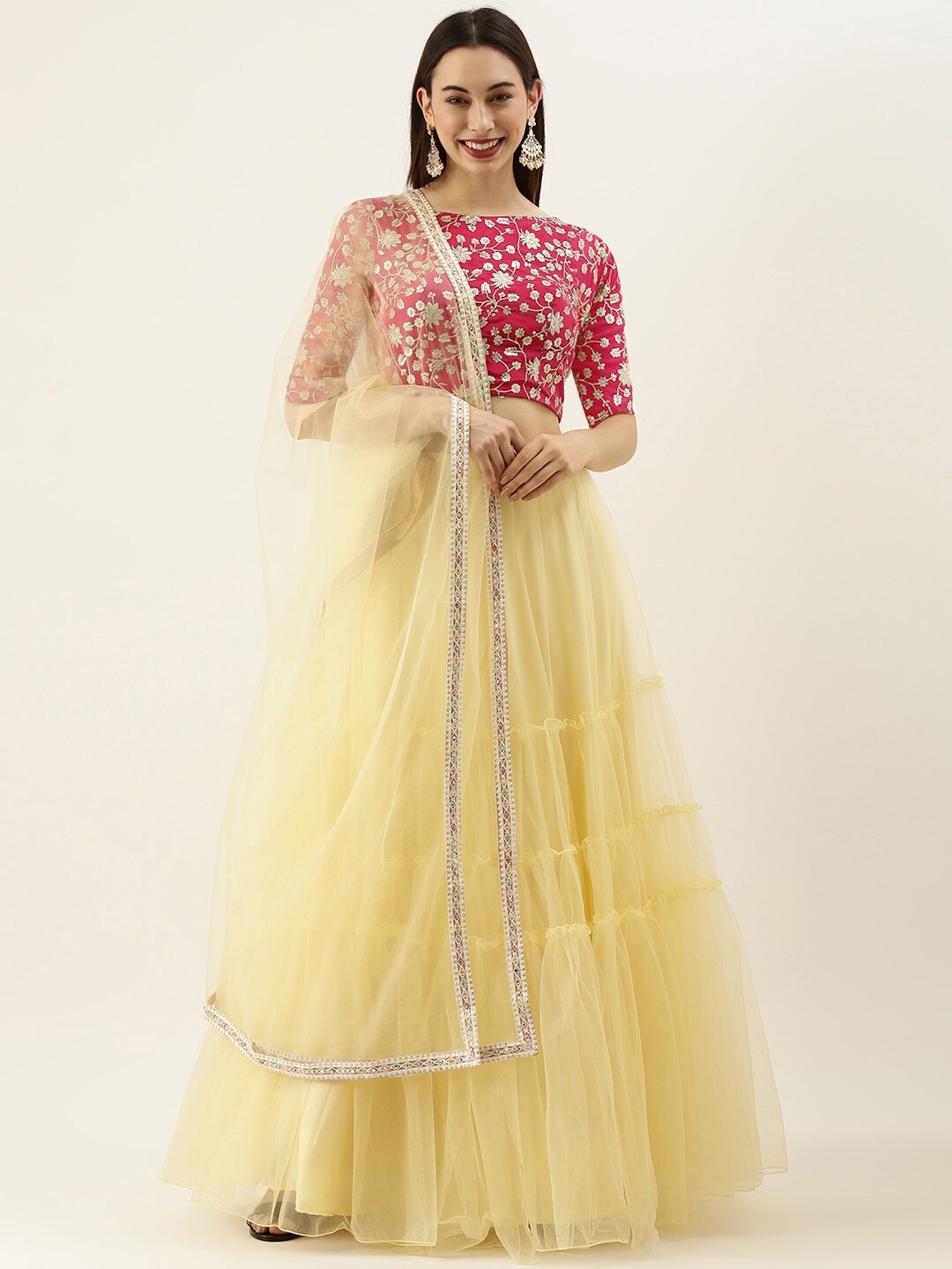 

Ethnovog Embroidered Thread Work Ready to Wear Lehenga & Blouse With Dupatta, Pink