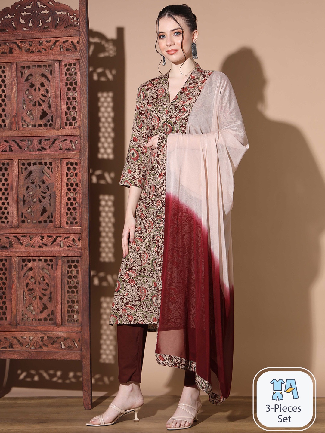 

Vbuyz Ethnic Motifs Printed Straight Kurta With Trousers & Dupatta, Maroon