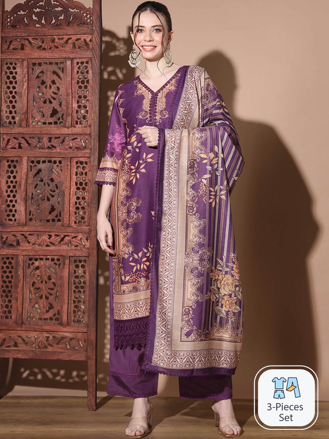 

Vbuyz Ethnic Motifs Printed V-Neck Chanderi Silk Straight Kurta & Palazzos With Dupatta, Purple