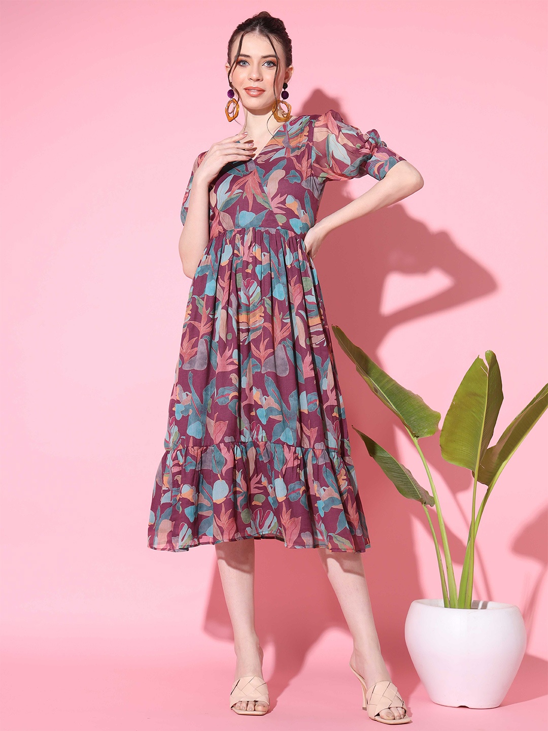 

Vbuyz Floral Printed Pleated Puff Sleeve Flounce Hem Fit & Flare Midi Dress, Purple