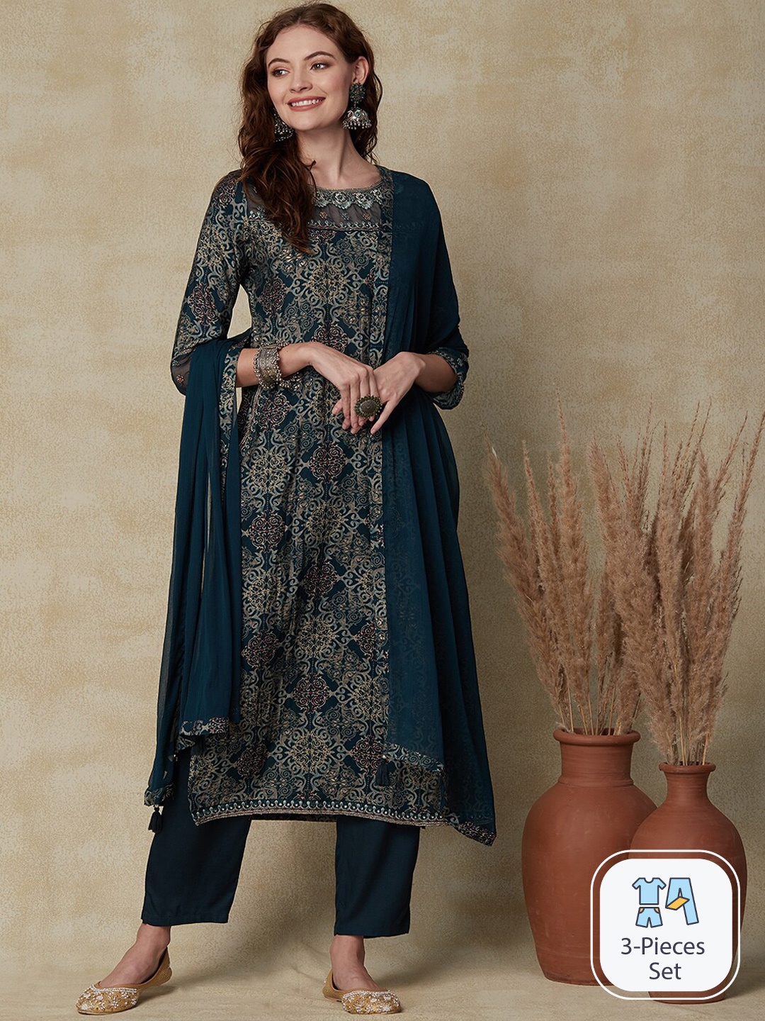 

FASHOR Ethnic Motifs Printed Thread Work Straight Kurta & Trousers With Dupatta, Blue