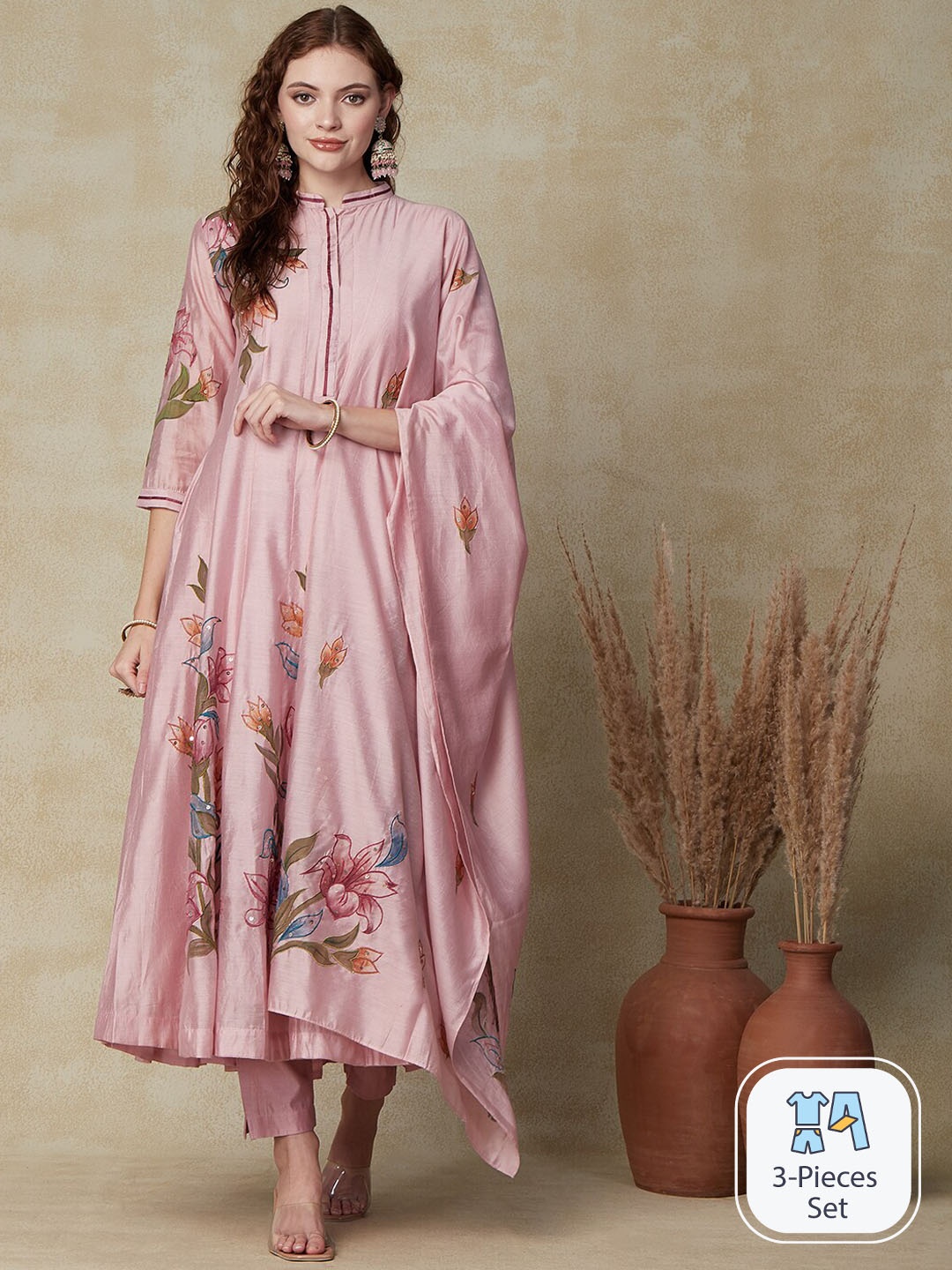 

FASHOR Pink Floral Printed Sequinned Kurta With Trousers & Dupatta