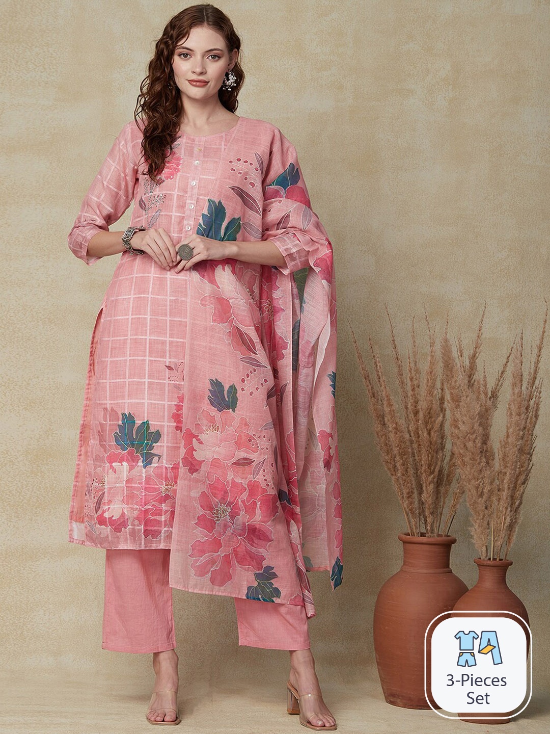 

FASHOR Floral Printed Straight Kurta With Trousers & Dupatta, Peach