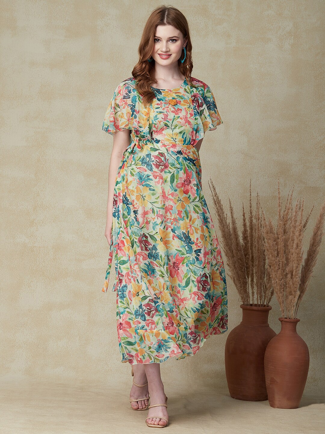 

FASHOR Floral Printed Flared Sleeve Tie-Up Detail Silk A-Line Midi Dress, Green