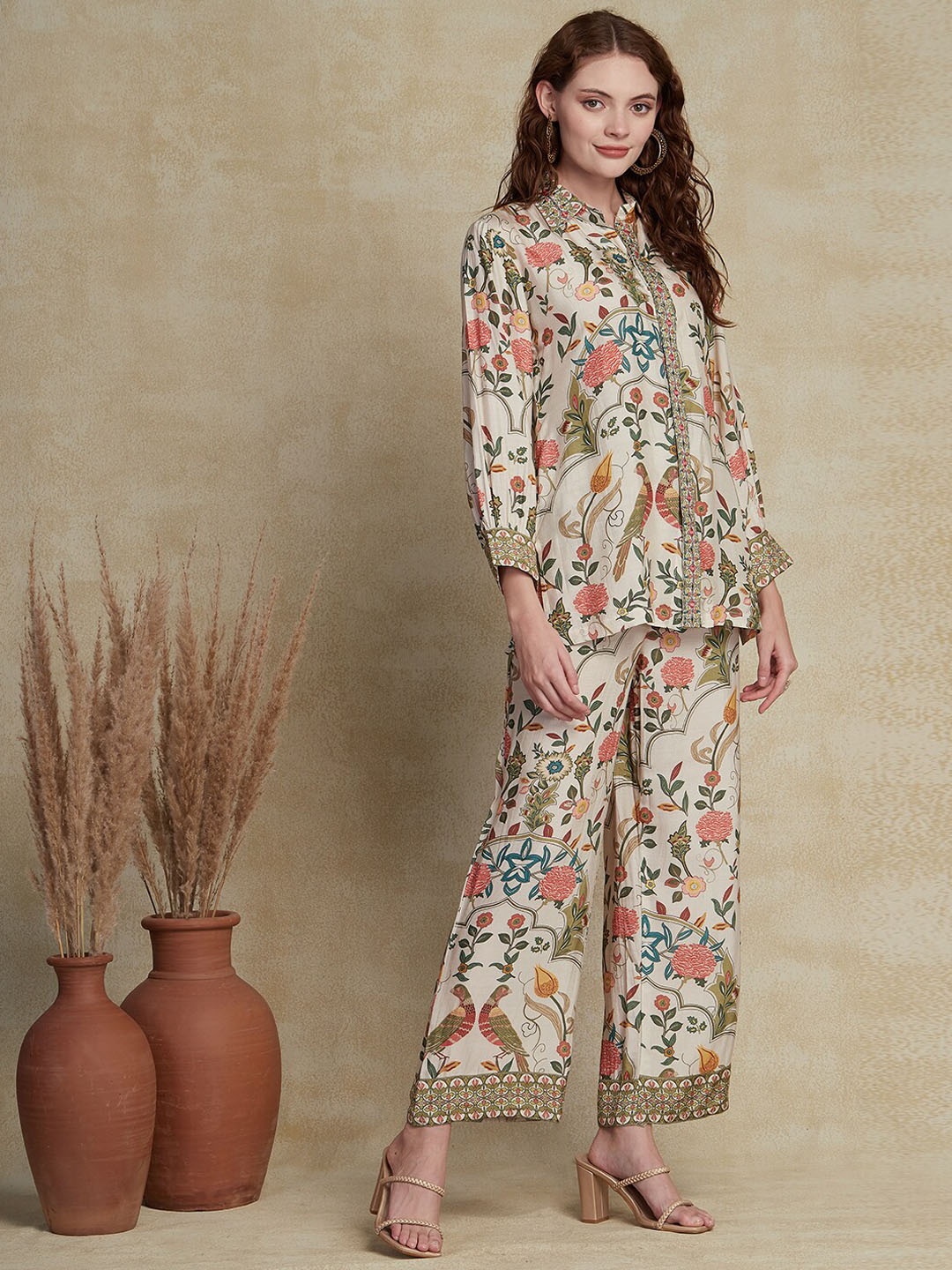 

FASHOR Floral Printed Shirt Collar Straight Fit Shirt With Printed Palazzo, Cream