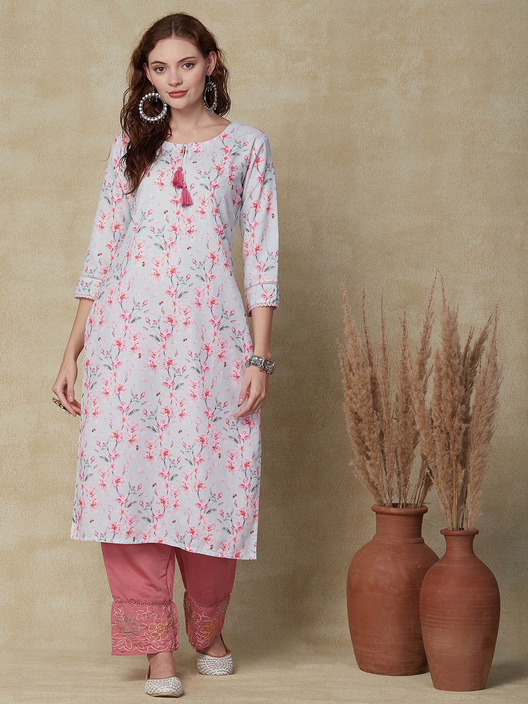

FASHOR Floral Printed Linen Straight Kurta, Blue
