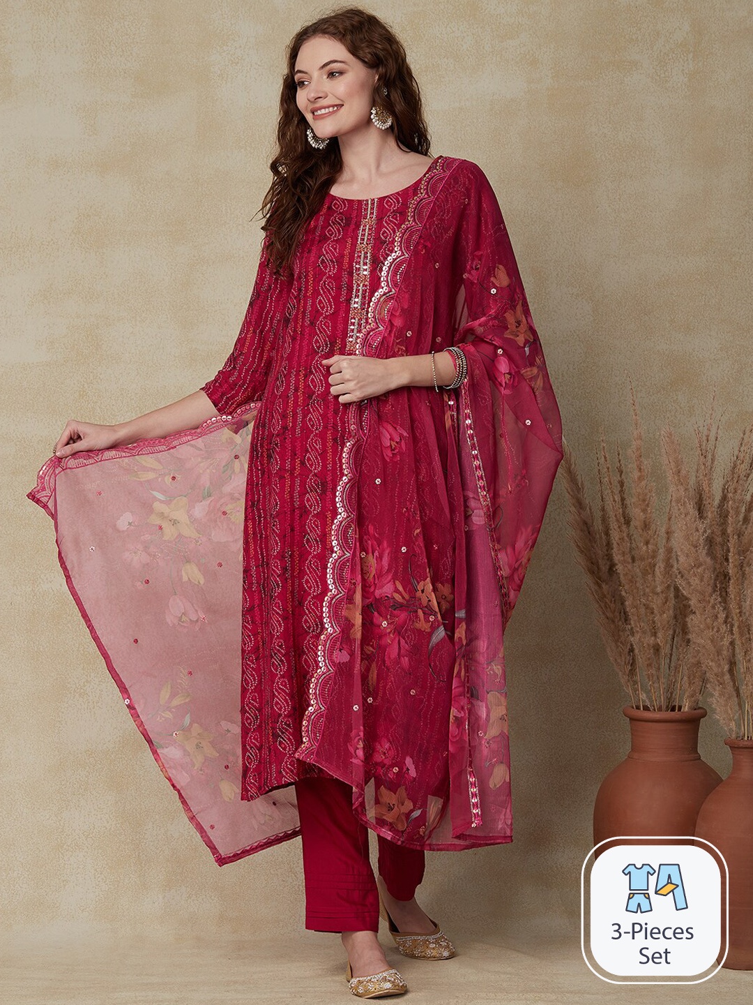 

FASHOR Bandhani Printed Sequinned Straight Kurta With Trousers & Dupatta, Magenta