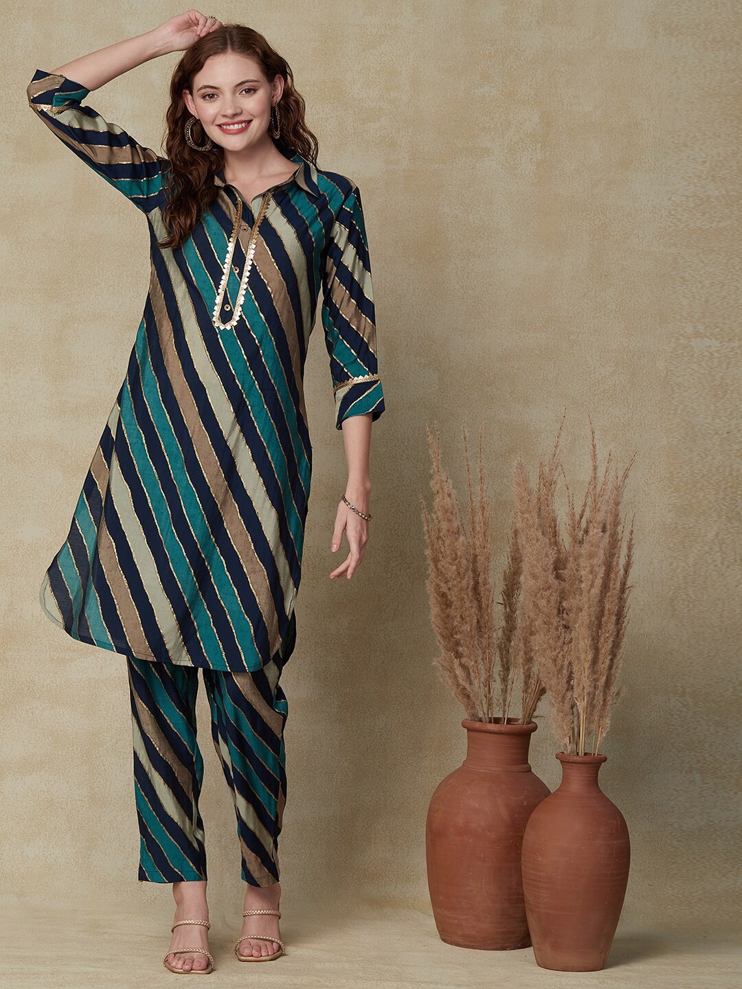 

FASHOR Striped Straight Kurta with Trousers, Blue