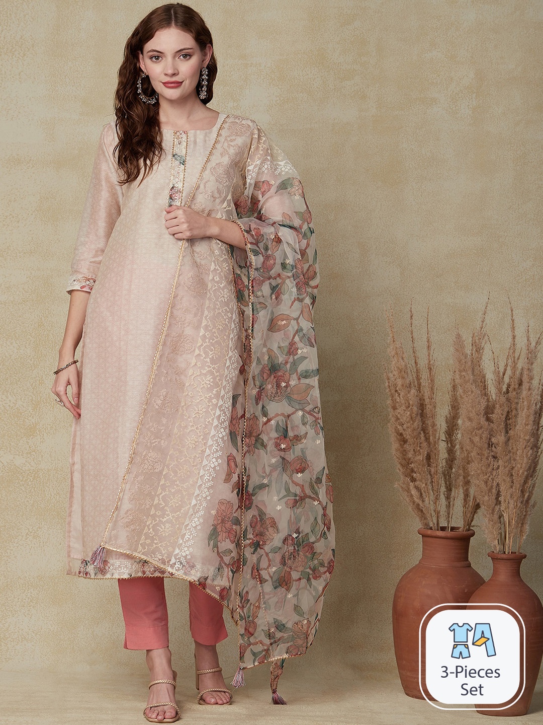

FASHOR Woven Design A-Line Kurta, Taupe