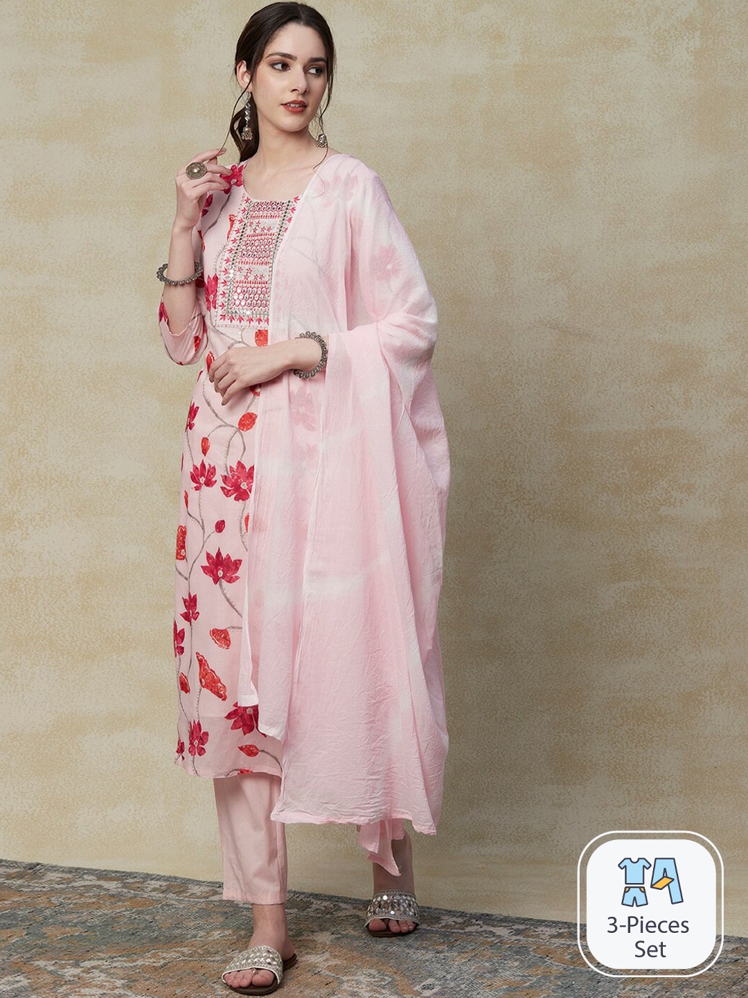 

FASHOR Floral Printed Mirror Work Pure Cotton Kurta & Trousers With Dupatta, Pink