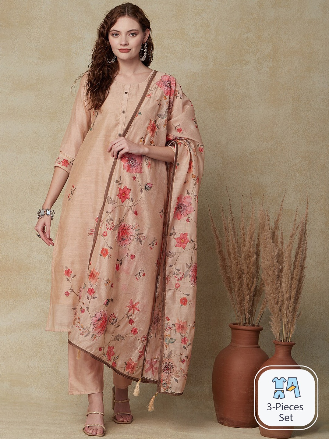 

FASHOR Floral Printed Thread Work Straight Kurta with Trousers & Dupatta, Beige