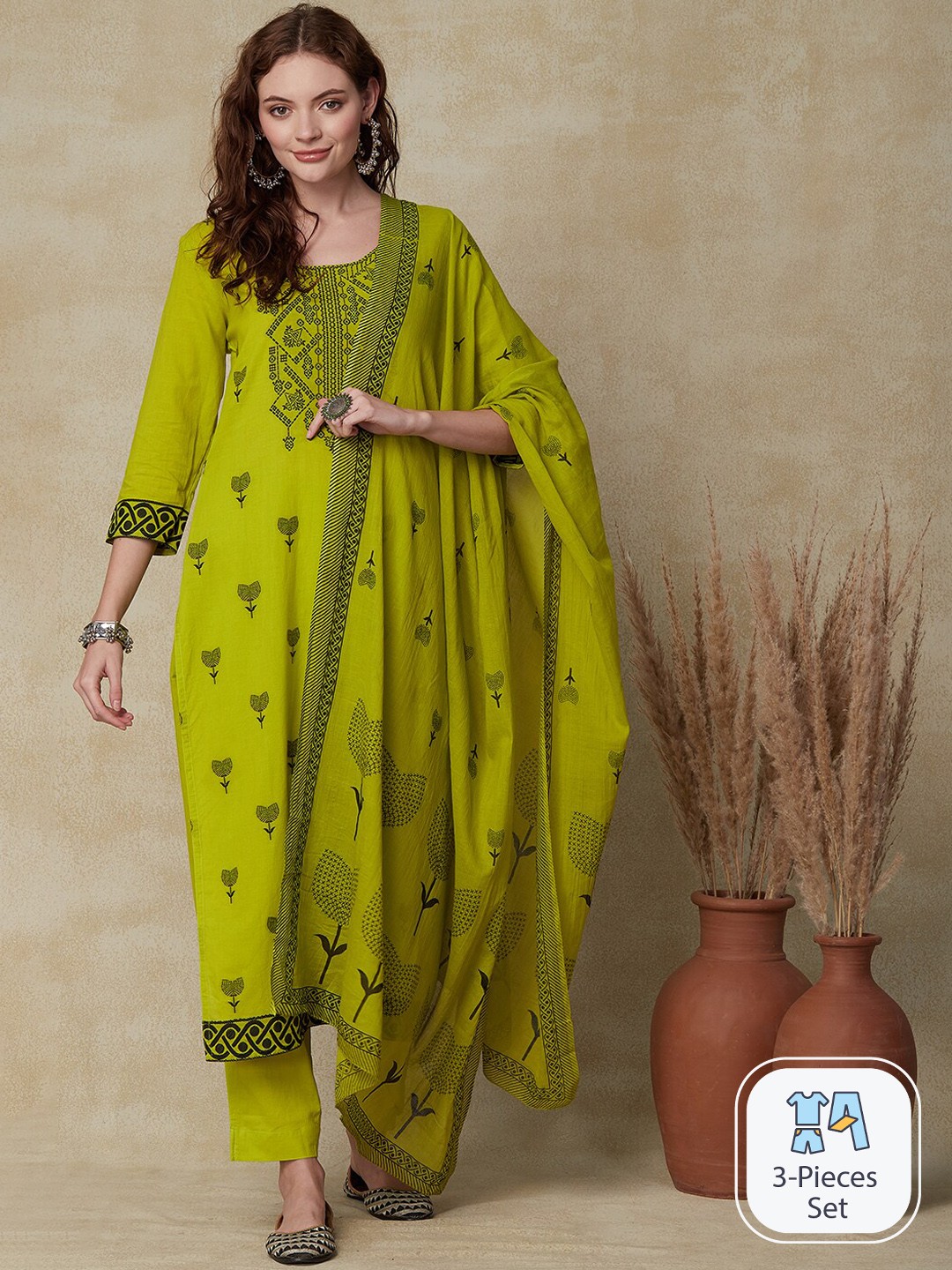 

FASHOR Ethnic Motifs Printed Pure Cotton Straight Kurta & Trousers With Dupatta, Lime green