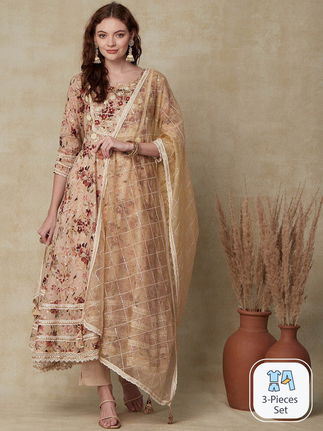 

FASHOR Beige Floral Printed Sequinned Kurta With Trousers & Dupatta