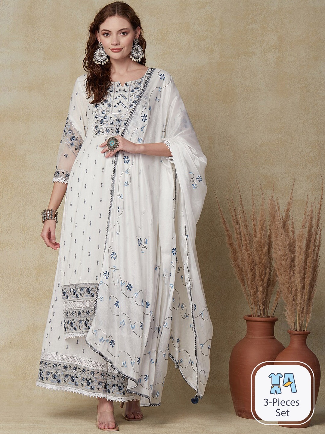 

FASHOR Embroidered Thread Work Pure Cotton Kurta with Palazzos & With Dupatta, Off white