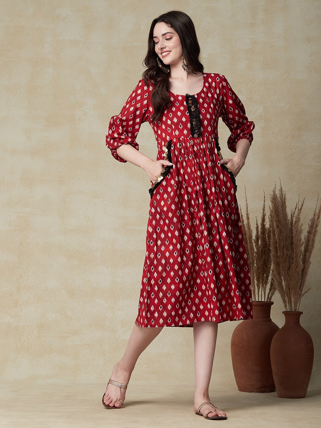 

FASHOR Floral Printed Puff Sleeve Sequinned Cotton A-Line Midi Dress, Maroon
