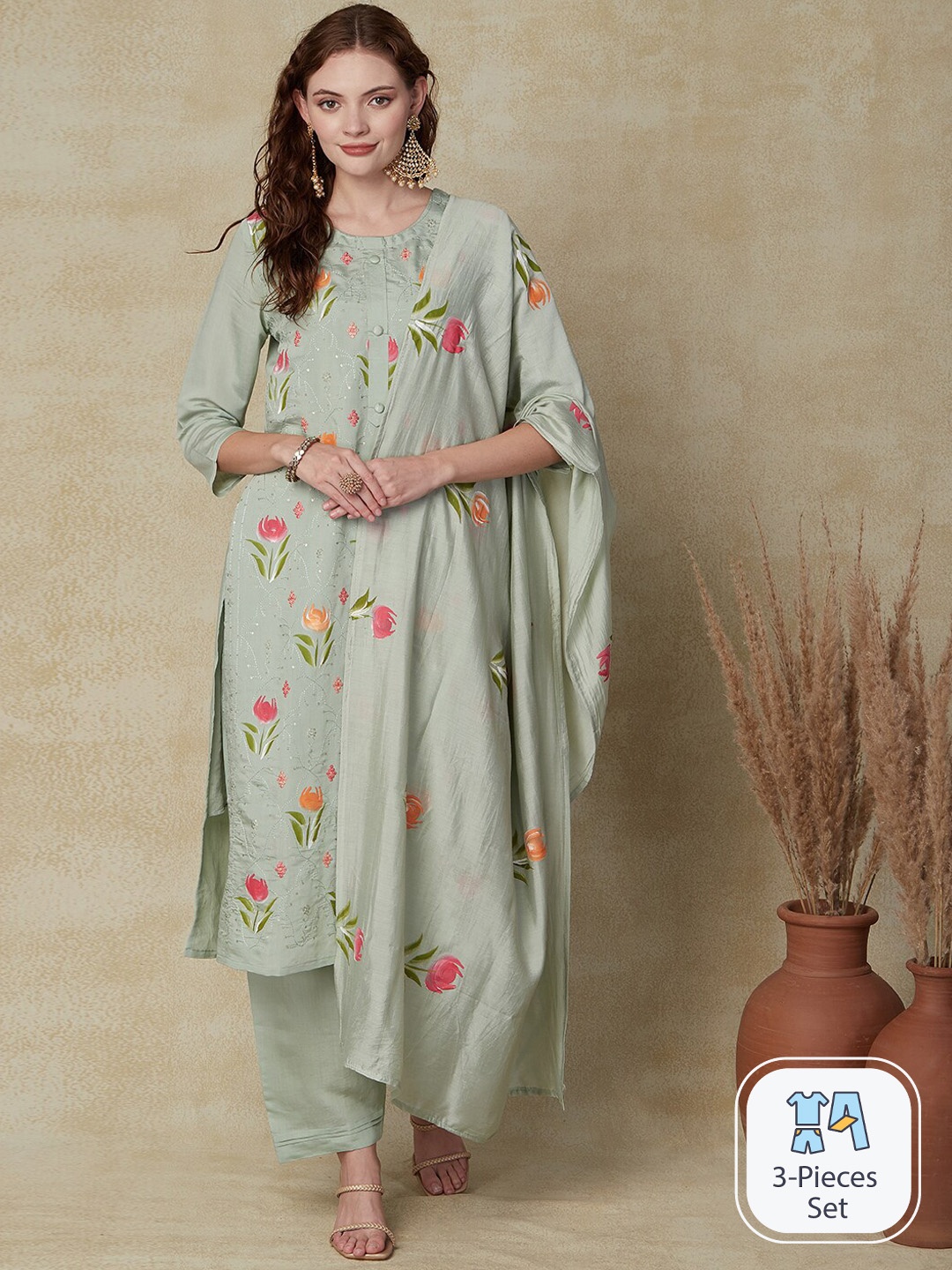 

FASHOR Floral Embroidered Sequinned Straight Kurta With Trousers & Dupatta, Green