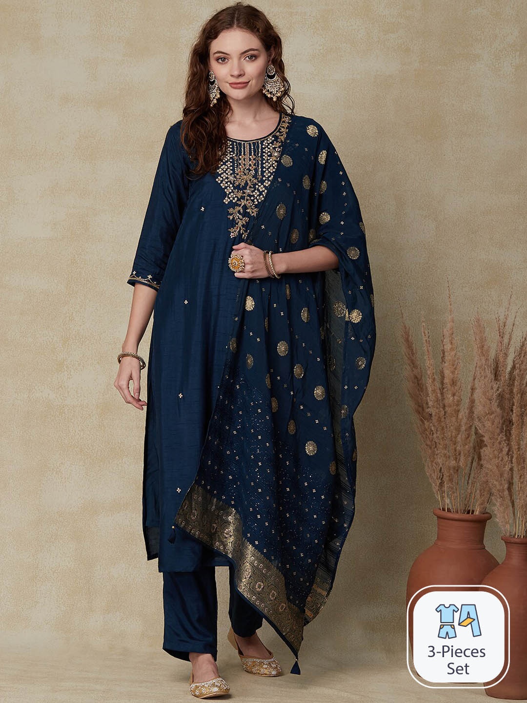 

FASHOR Floral Embroidered Regular Thread Work Straight Kurta with Trousers & Dupatta, Teal