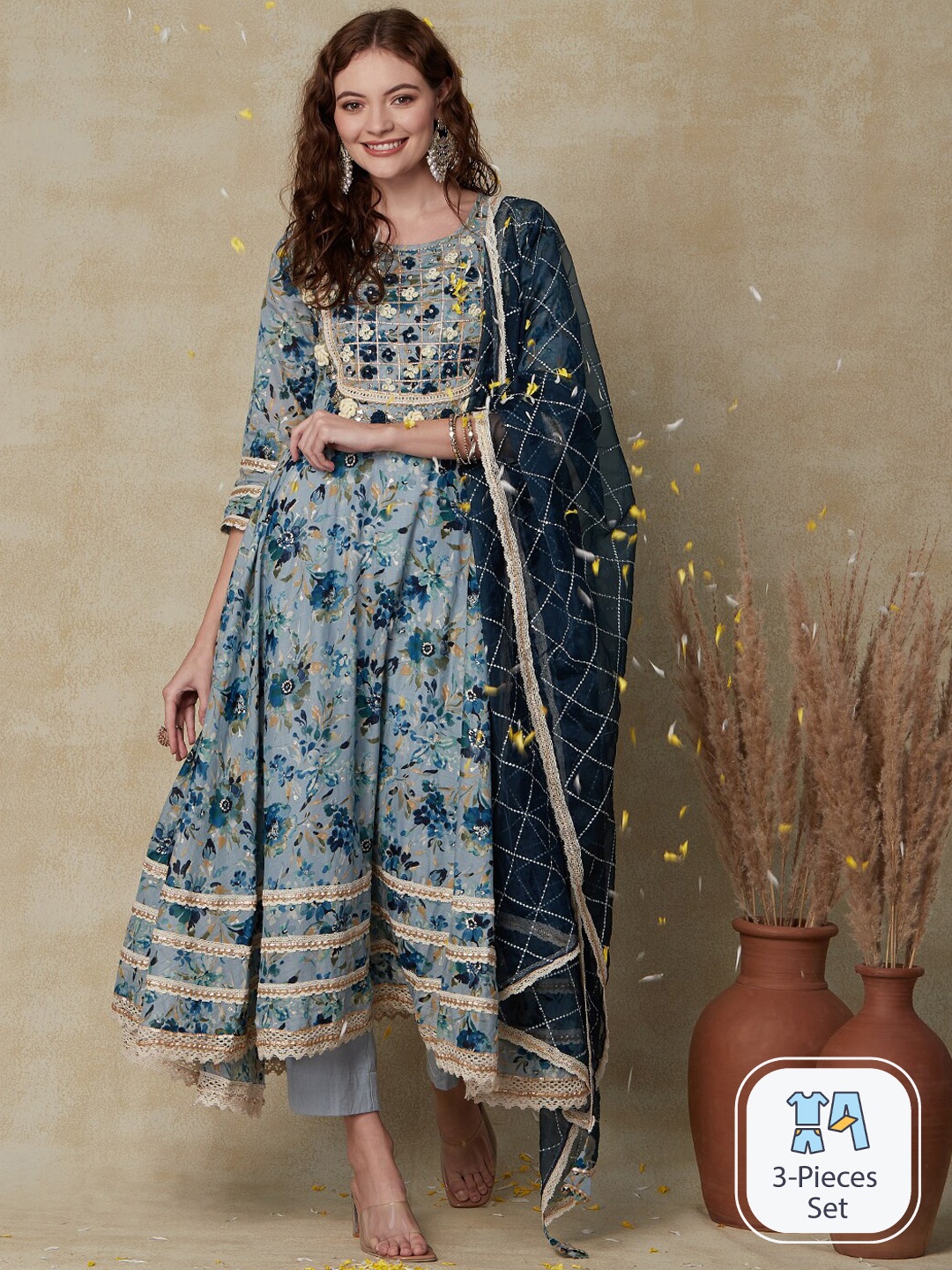 

FASHOR Blue Floral Printed Pleated Thread Work Kurta With Trousers & Dupatta