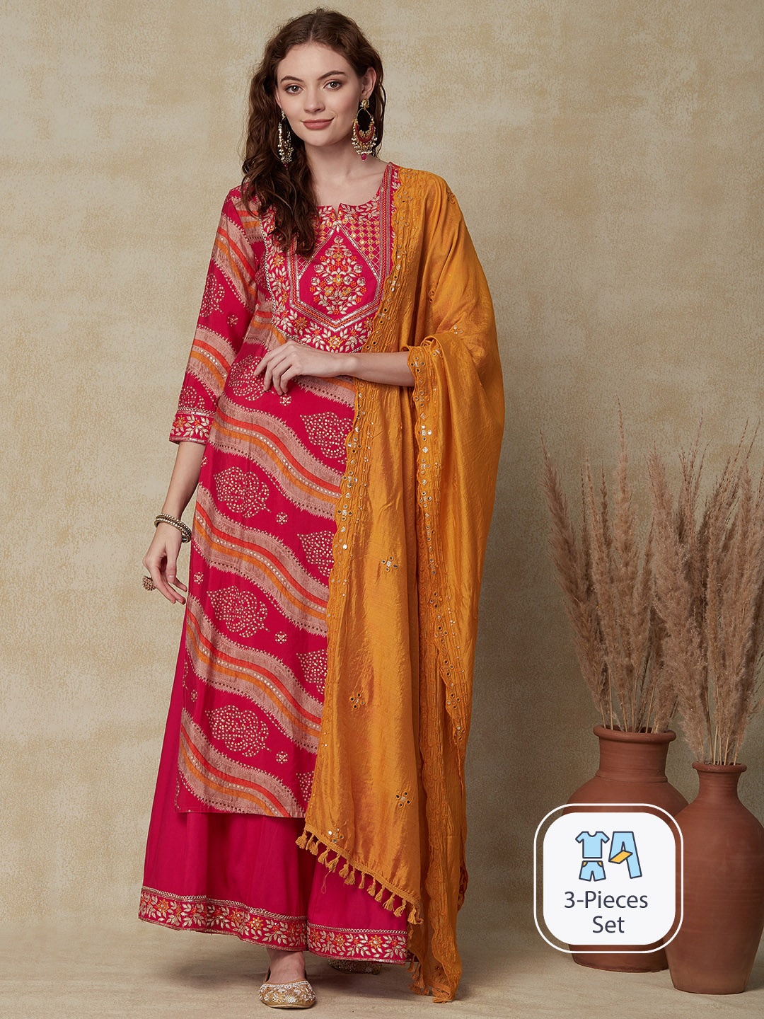 

FASHOR Ethnic Motif Printed Straight Kurta With Palazzos & Dupatta, Red