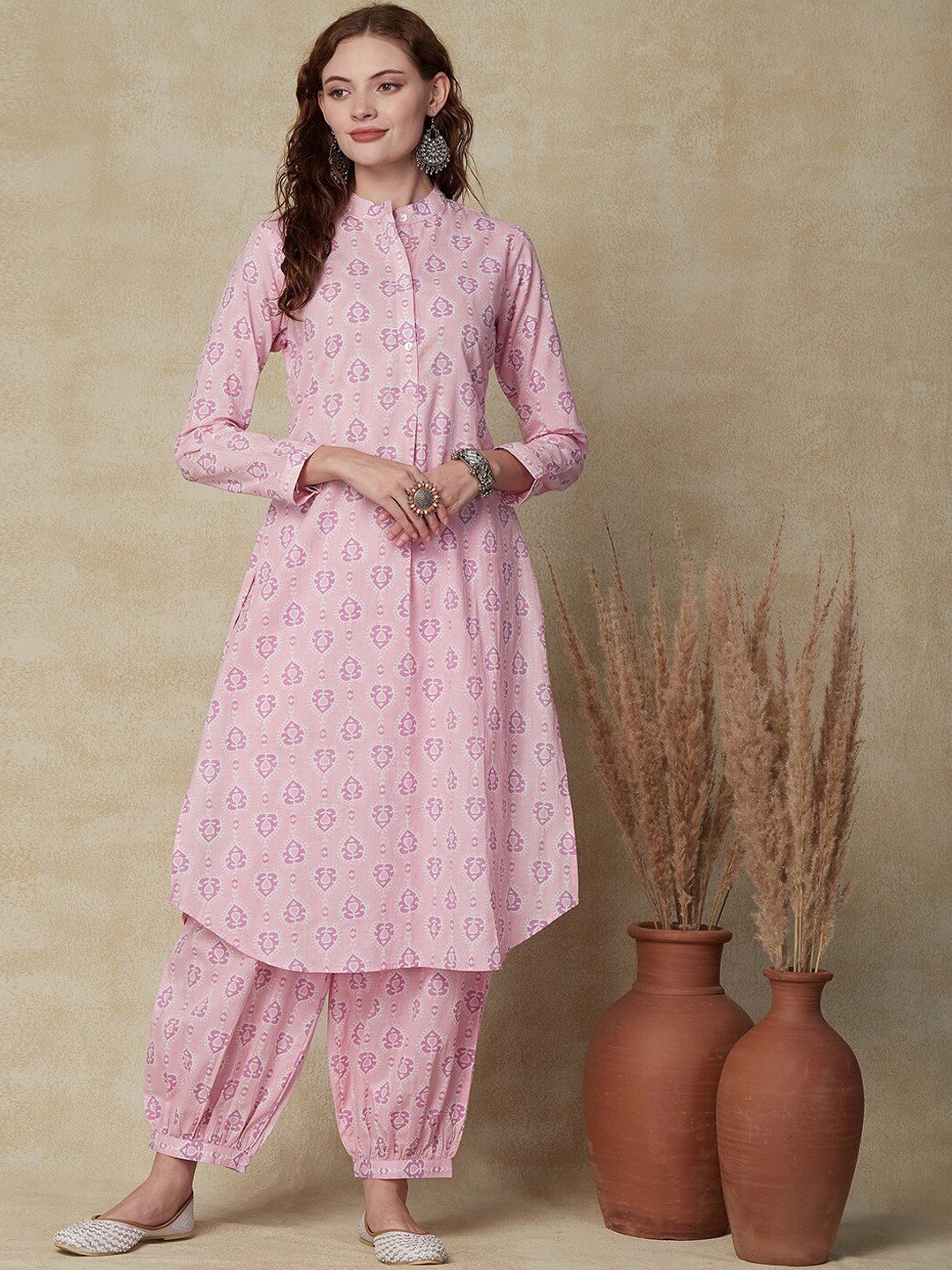 

FASHOR Pink Ethnic Motifs Printed A-Line Kurta With Trousers