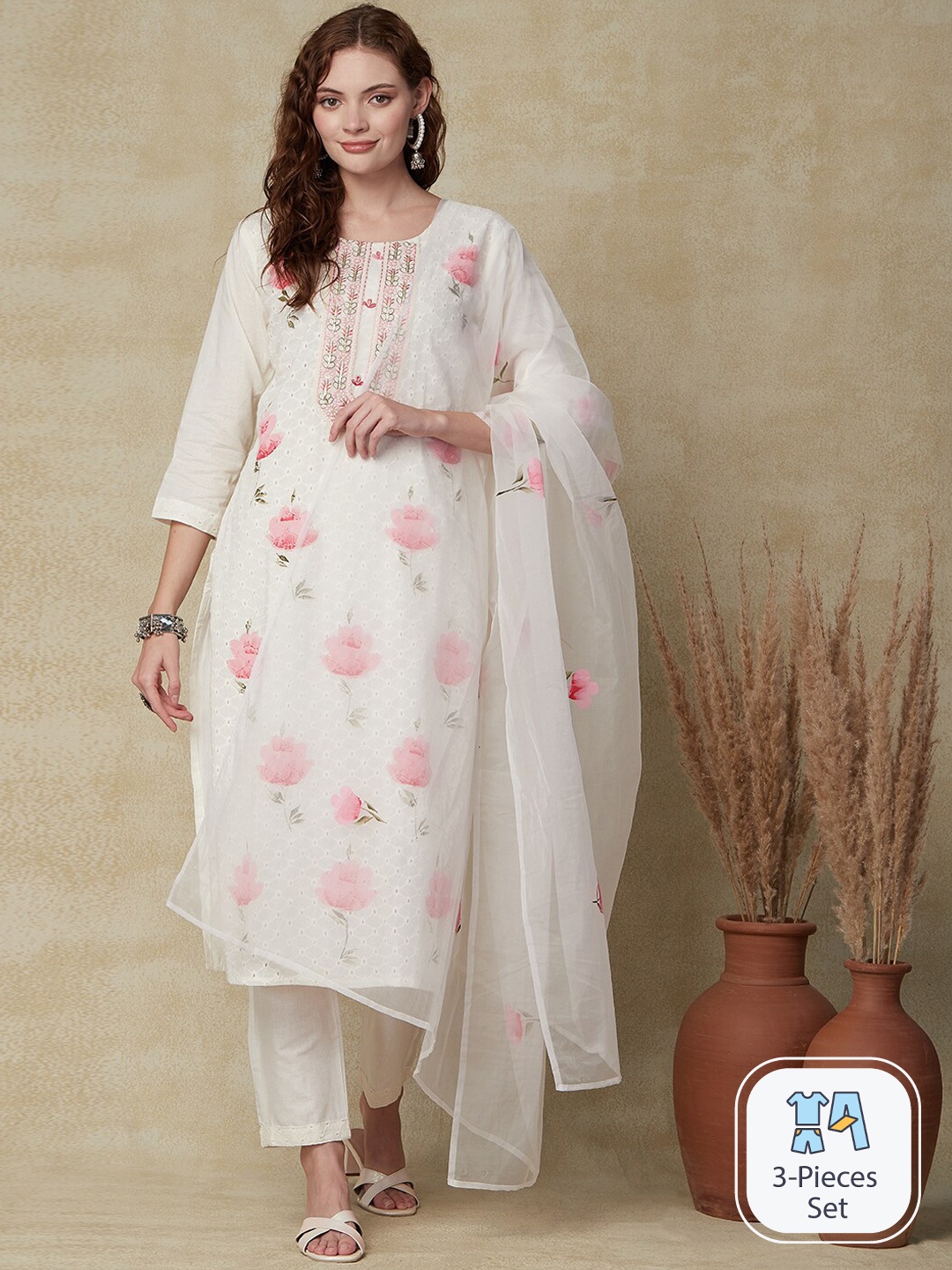 

FASHOR Floral Printed Thread Work Pure Cotton Kurta & Trousers With Dupatta, Off white