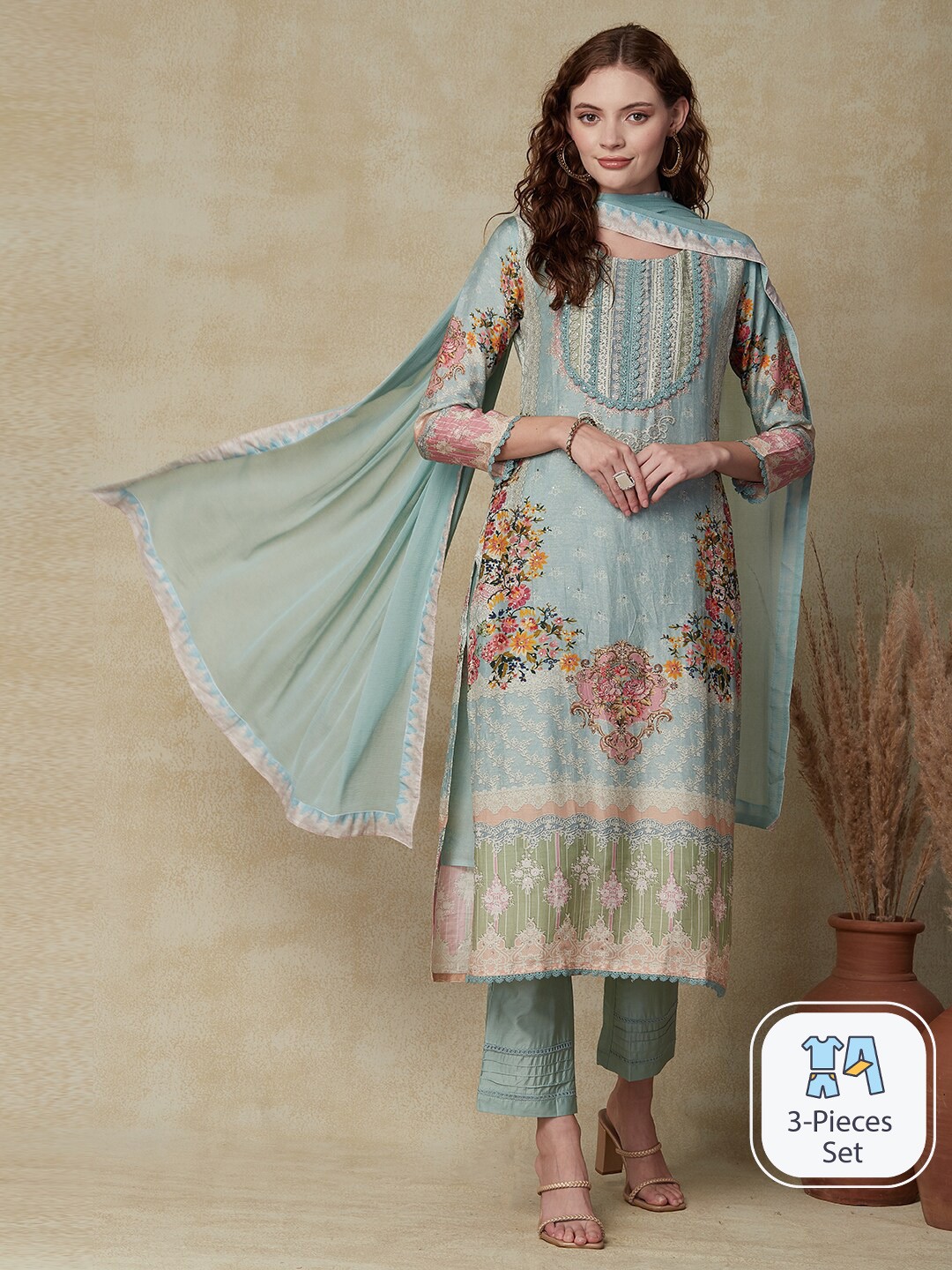 

FASHOR Floral Printed Thread Work Straight Kurta & Trousers With Dupatta, Turquoise blue