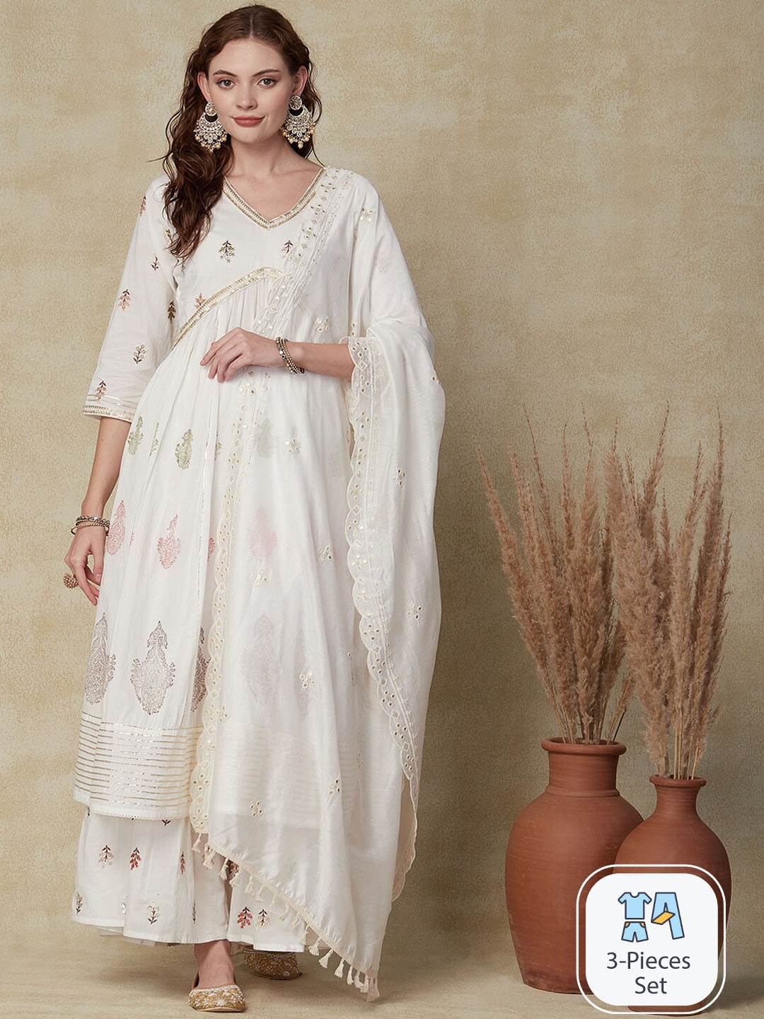 

FASHOR Floral Embroidered Mirror Work A-Line Kurta with Sharara & Dupatta, White