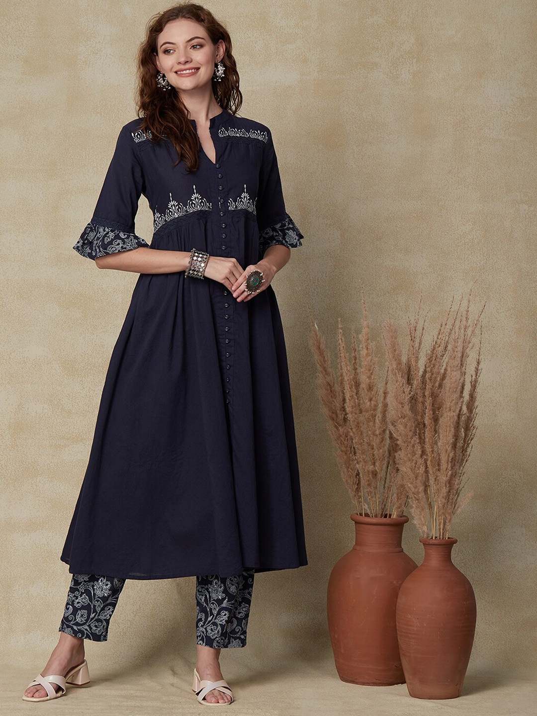 

FASHOR Ethnic Motifs Printed Pure Cotton A Line Kurta With Trousers, Navy blue