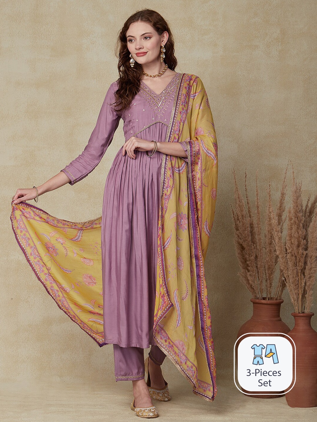 

FASHOR Floral Embroidered Empire Thread Work A-Line Kurta with Trousers & With Dupatta, Lavender