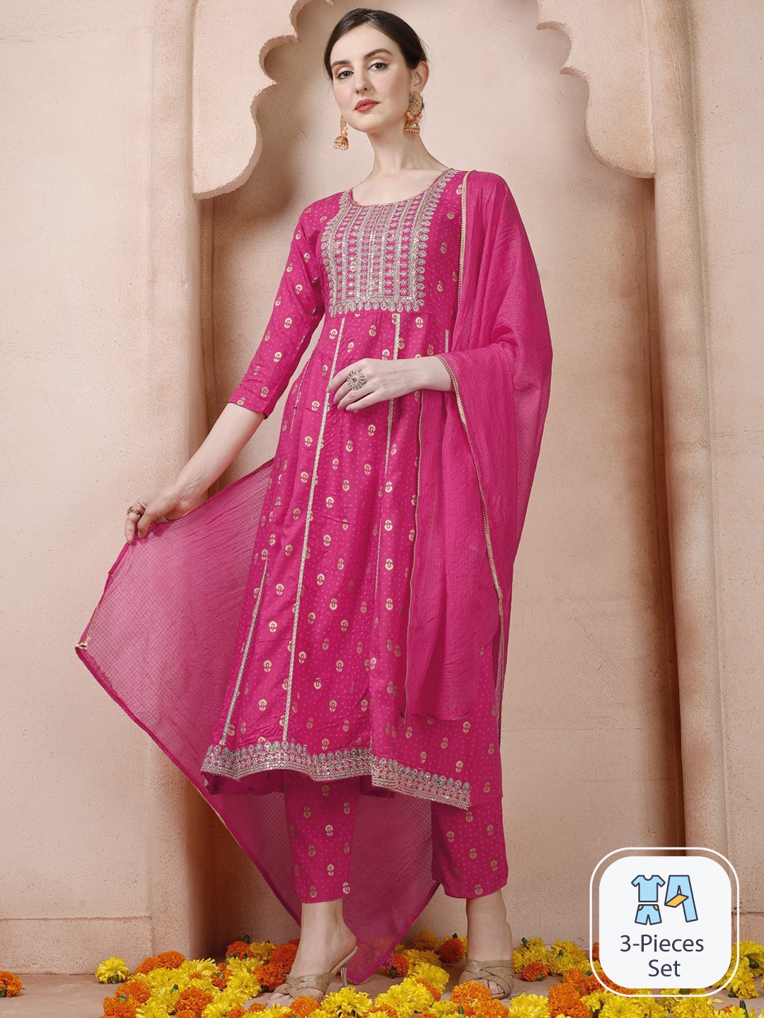 

Berrylicious Ethnic Motifs Embroidered Empire Pure Cotton Kurta With Trousers & Dupatta, Pink