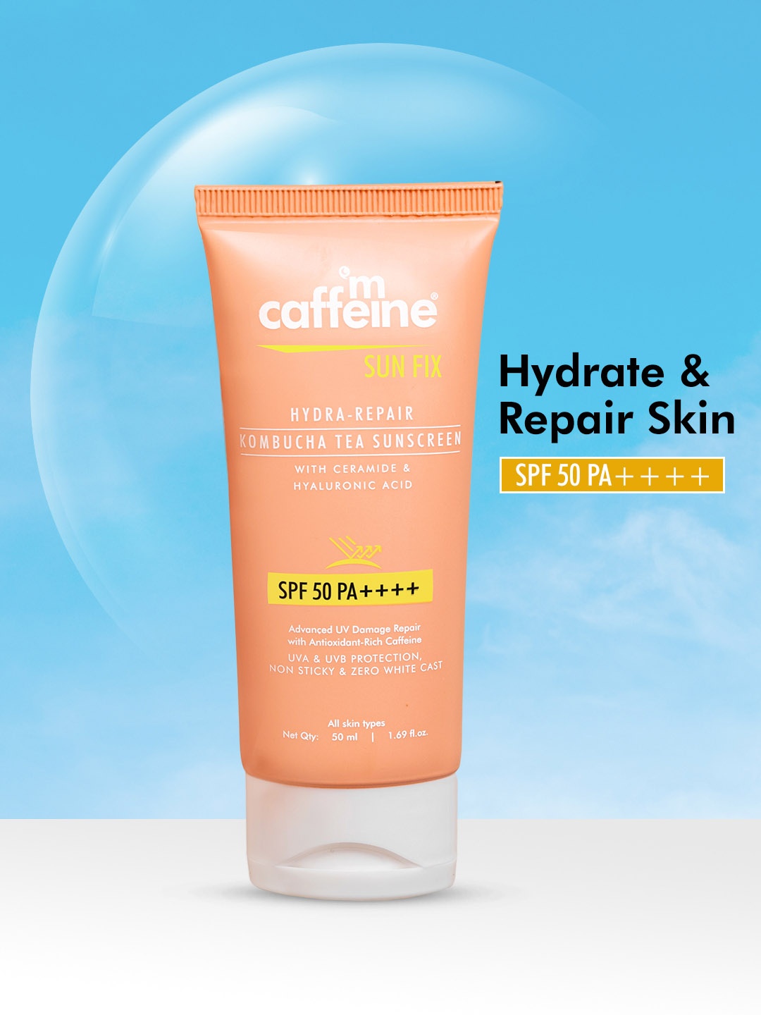 

MCaffeine Hydra Repair Lightweight Sunscreen SPF 50 PA++++ with Kombucha Tea - 50 ml, White