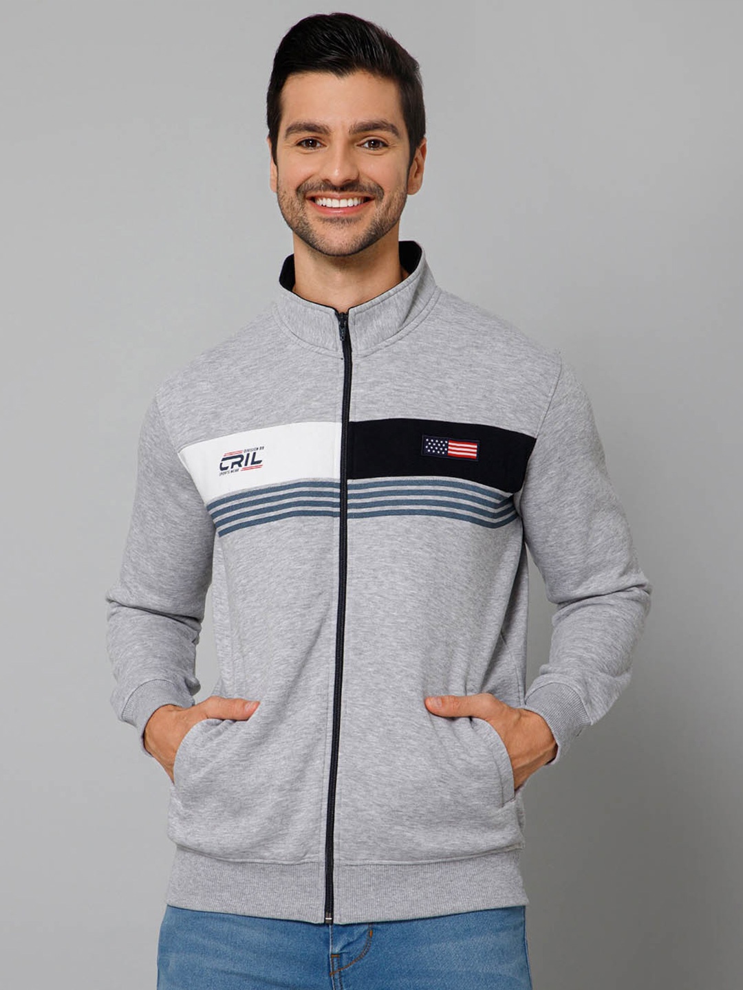 

Cantabil Mock Collar Fleece Front Open Sweatshirt, Grey melange