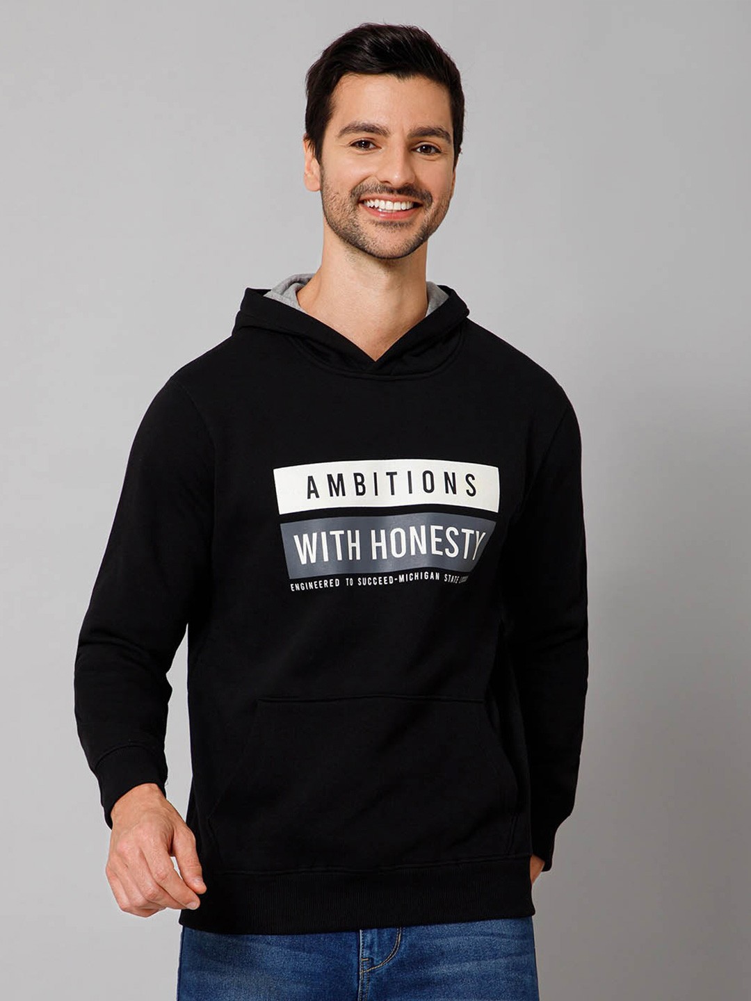 

Cantabil Typography Printed Hooded Fleece Pullover Sweatshirt, Black