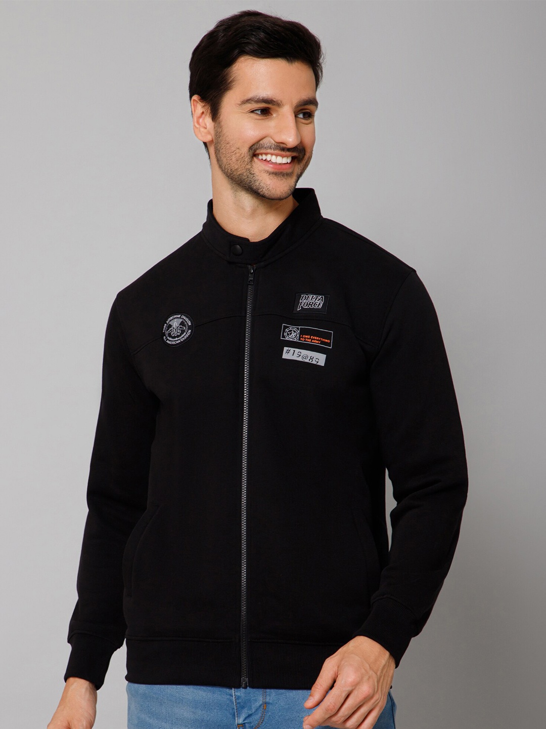

Cantabil Mock Collar Fleece Front Open Sweatshirt, Black