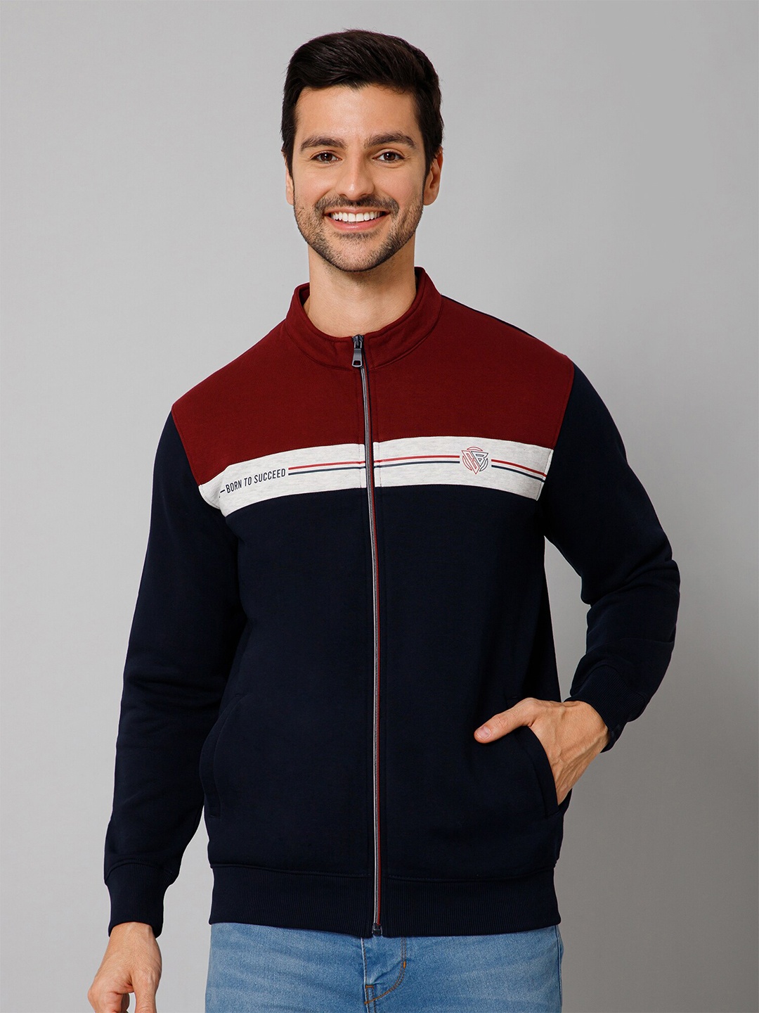 

Cantabil Colourblocked Mock Collar Fleece Front Open Sweatshirt, Navy blue
