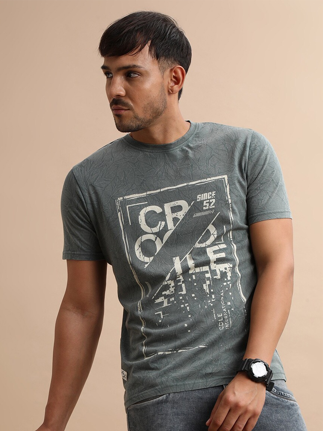 

Crocodile Typography Printed Cotton T-shirt, Grey
