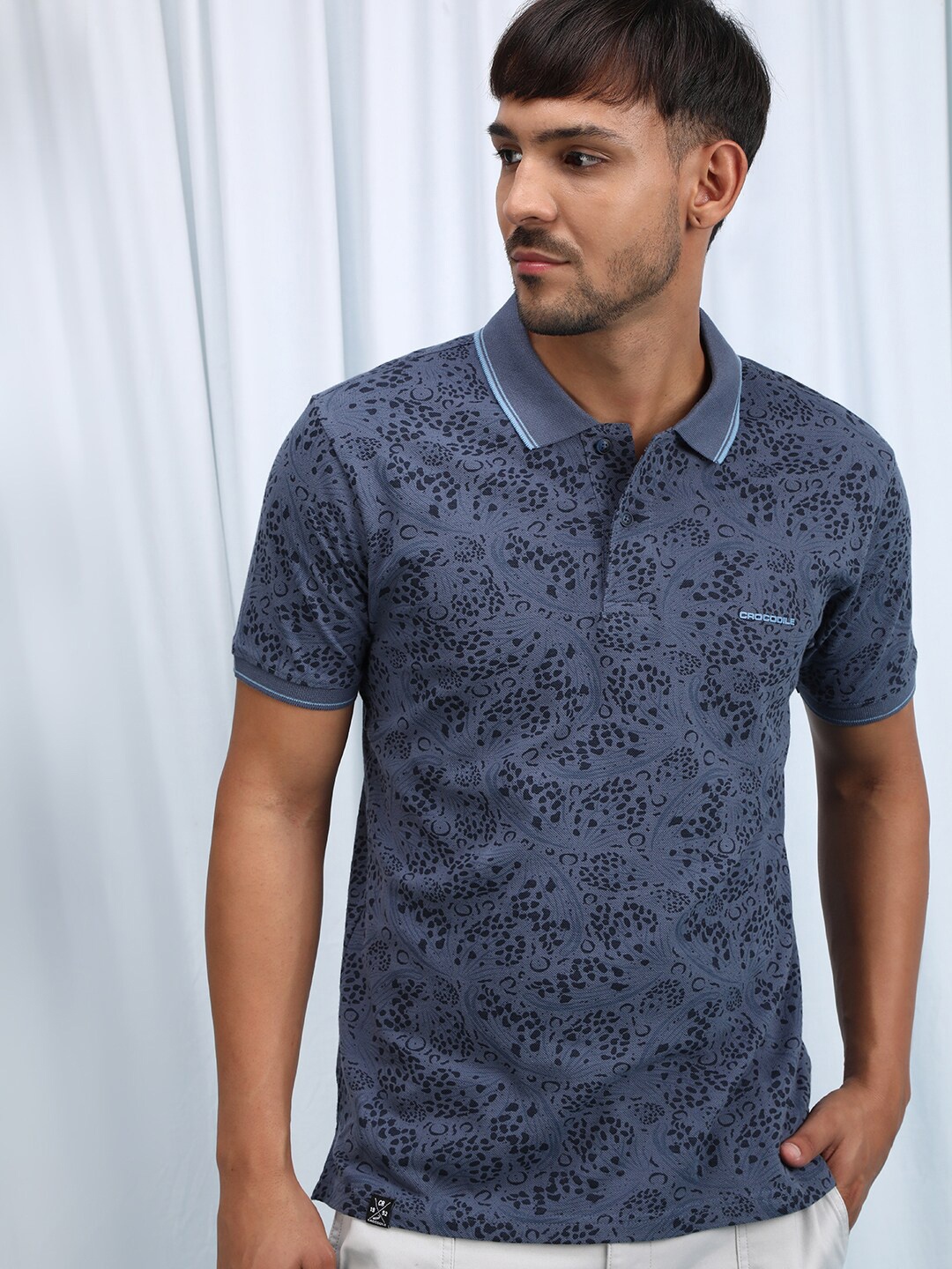 

Crocodile Ethnic Motifs Printed Polo Collar Cotton T-shirt, Blue