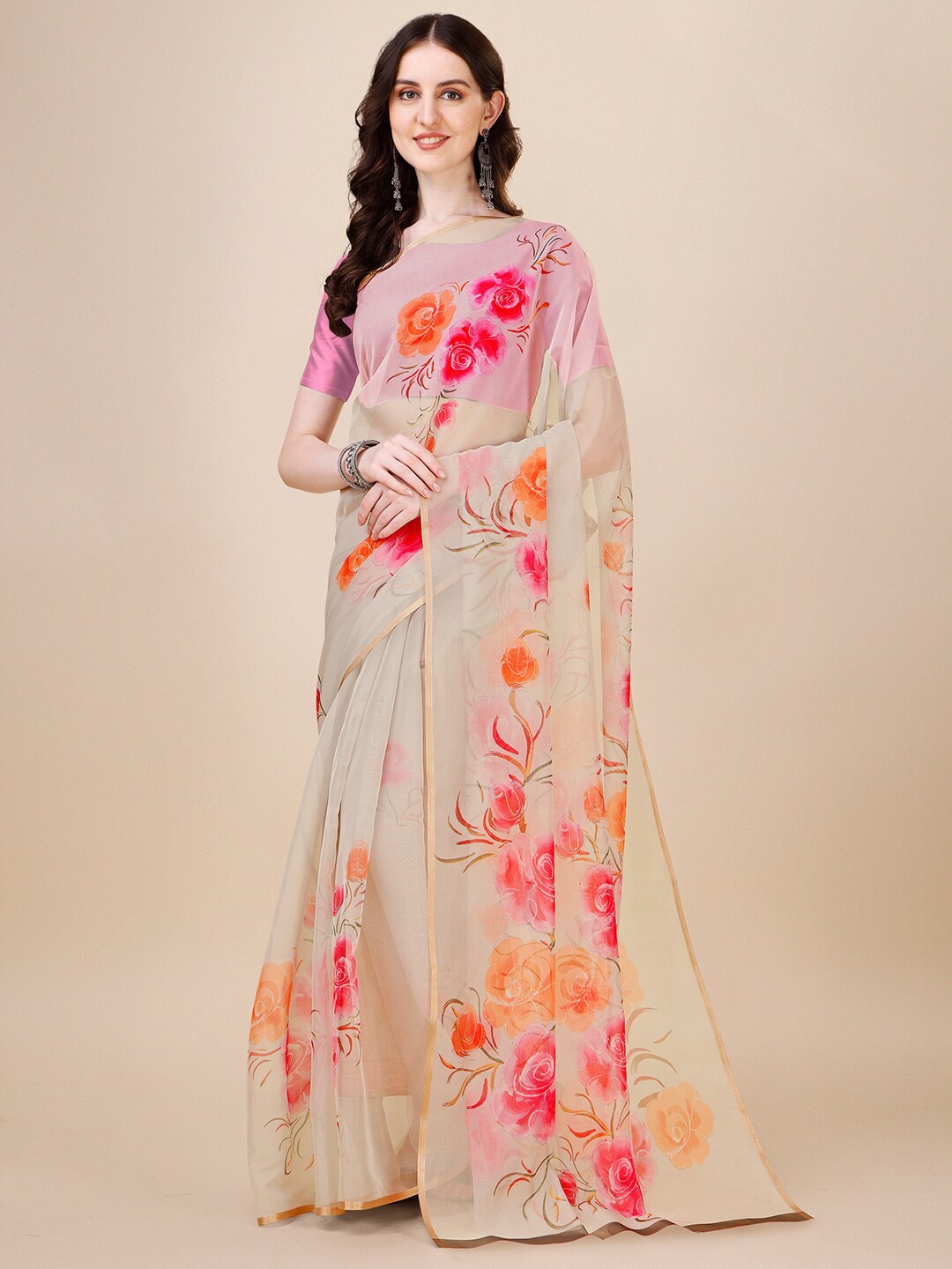 

Kasak Floral Printed Organza Saree, Beige