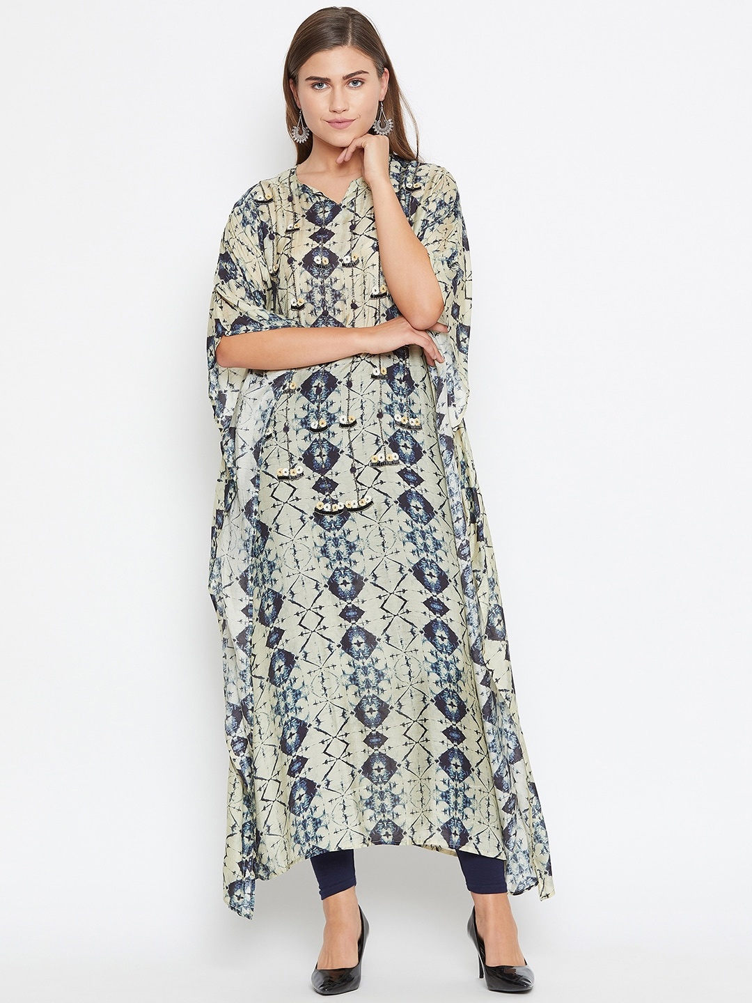 

The Kaftan Company Ethnic Motifs Printed Sequined Beaded V-Neck Chanderi Silk Kurta, Beige