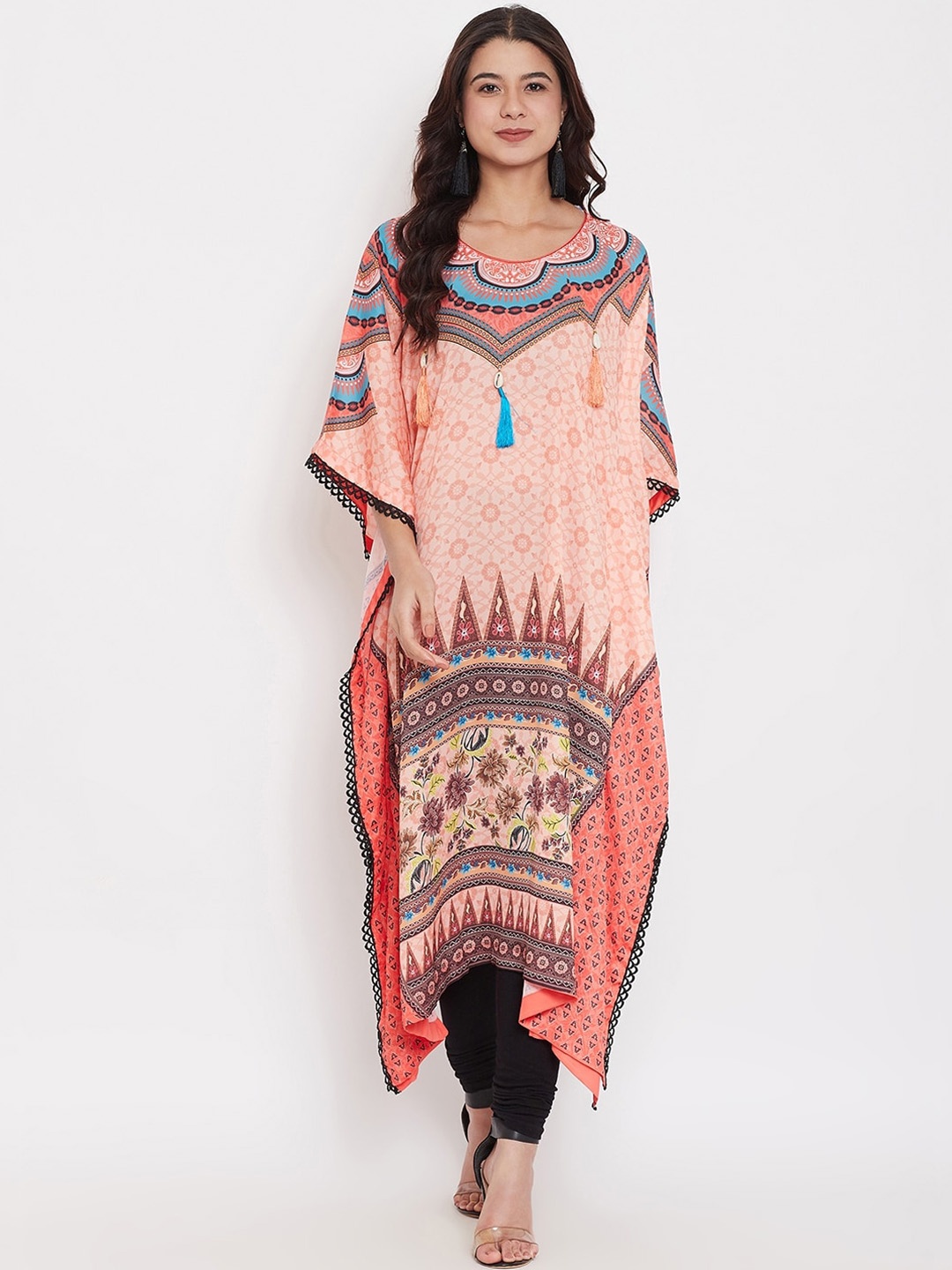 

The Kaftan Company Ethnic Motifs Printed Satin Kaftan Kurta, Peach