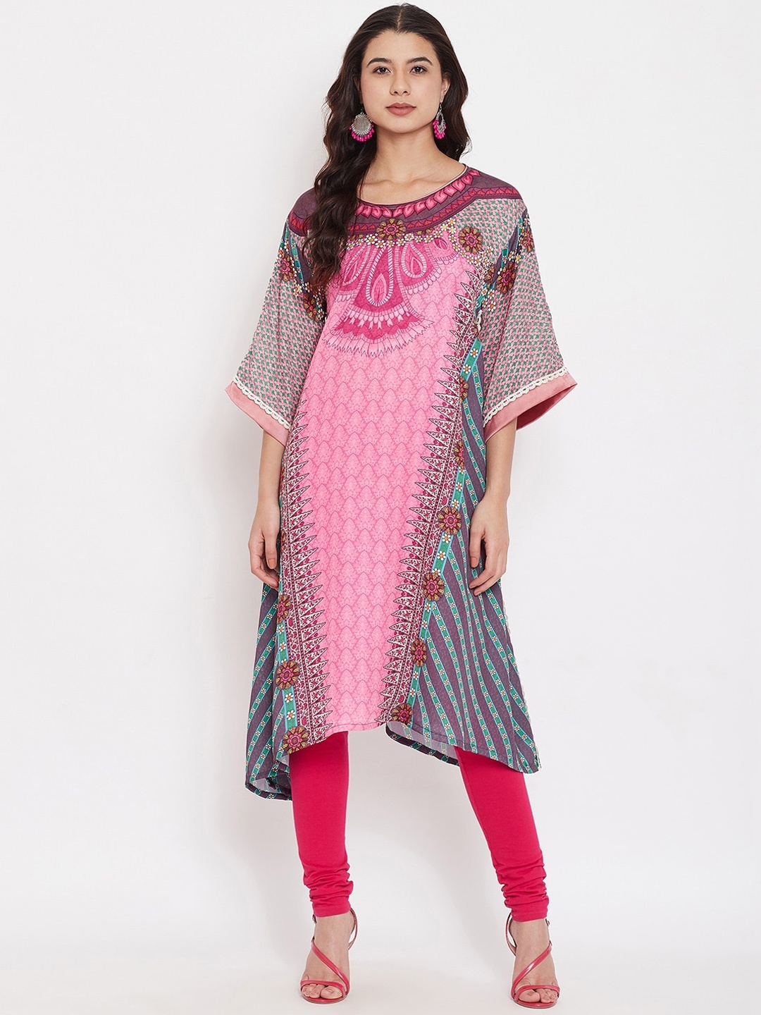 

The Kaftan Company Ethnic Motifs Printed Satin Kaftan Kurta, Pink