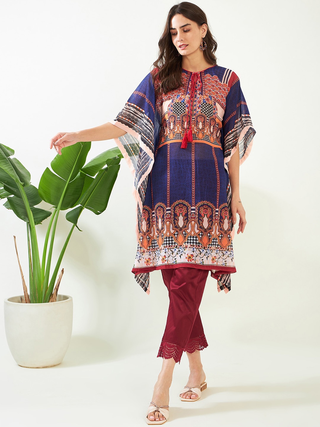 

The Kaftan Company Ethnic Motifs Printed Tie-Up Neck Georgette Kurta, Blue