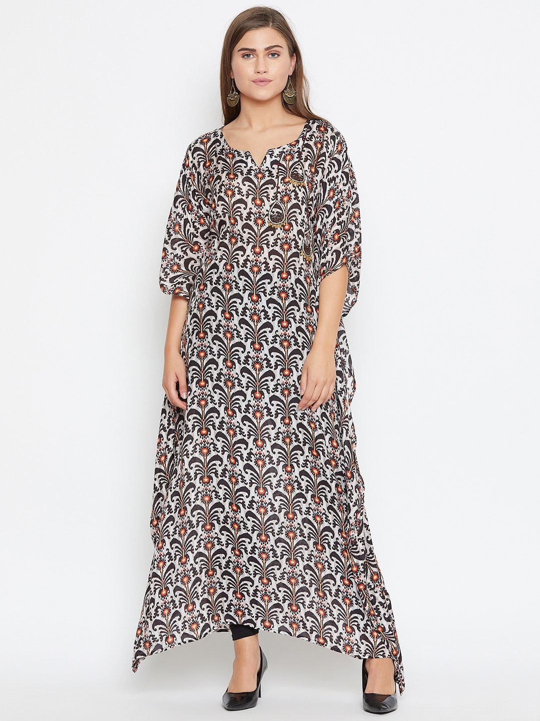 

The Kaftan Company Ethnic Motifs Printed Notched Neck Chanderi Silk Kaftan Kurta, Grey
