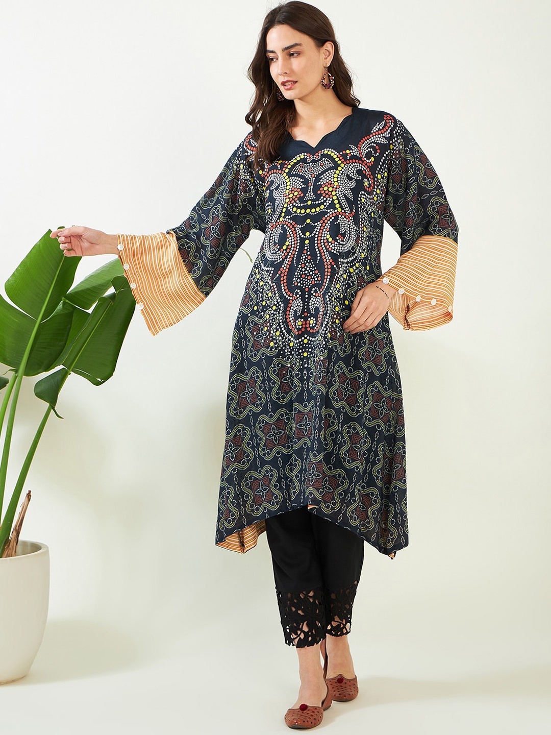 

The Kaftan Company Bandhani Printed V-Neck Flared Sleeves Modal A-Line Kurta, Black